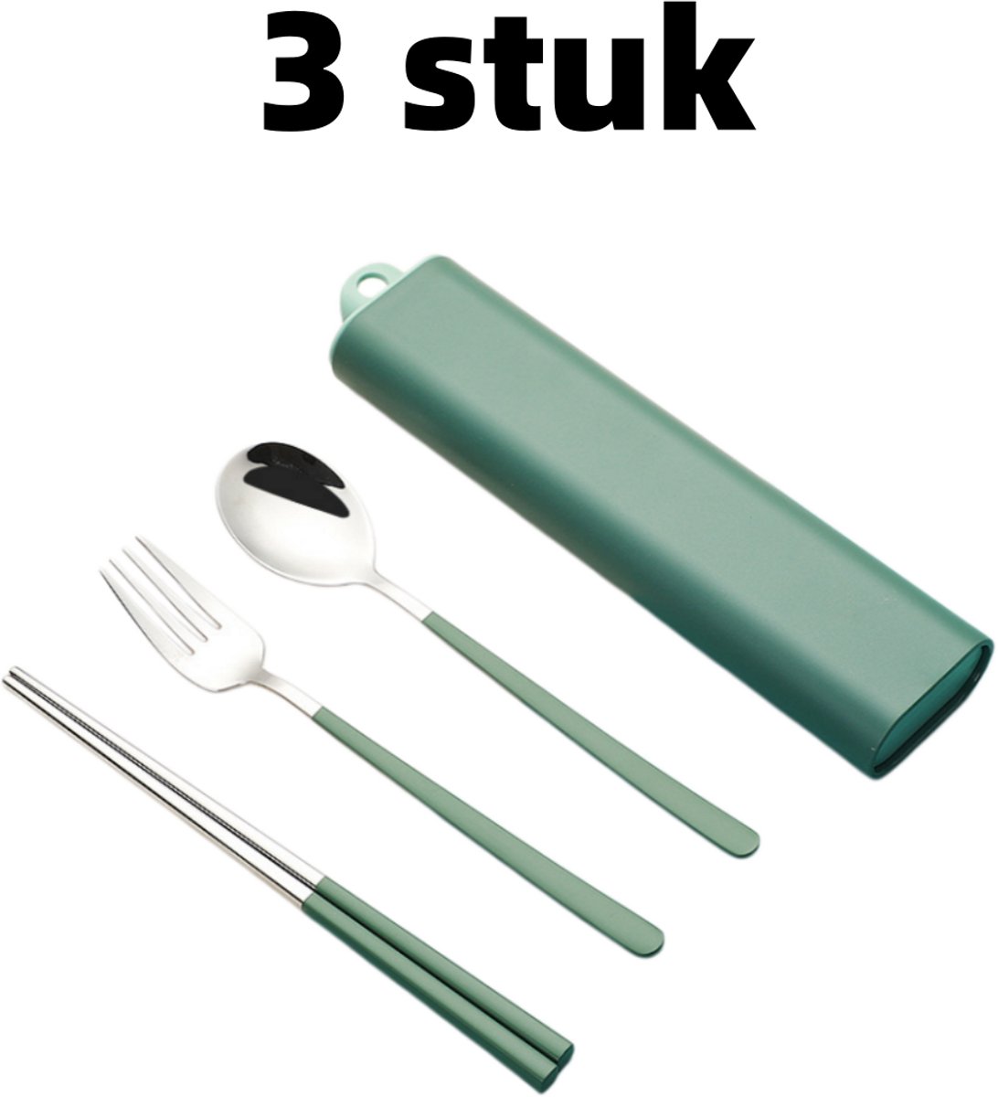 3-delige set - Lepel, vork en eetstokjes - Draagbaar bestek - Roestvrij staal - Bestek - Lade-etui - Geschikt voor reizen en kamperen - Groen