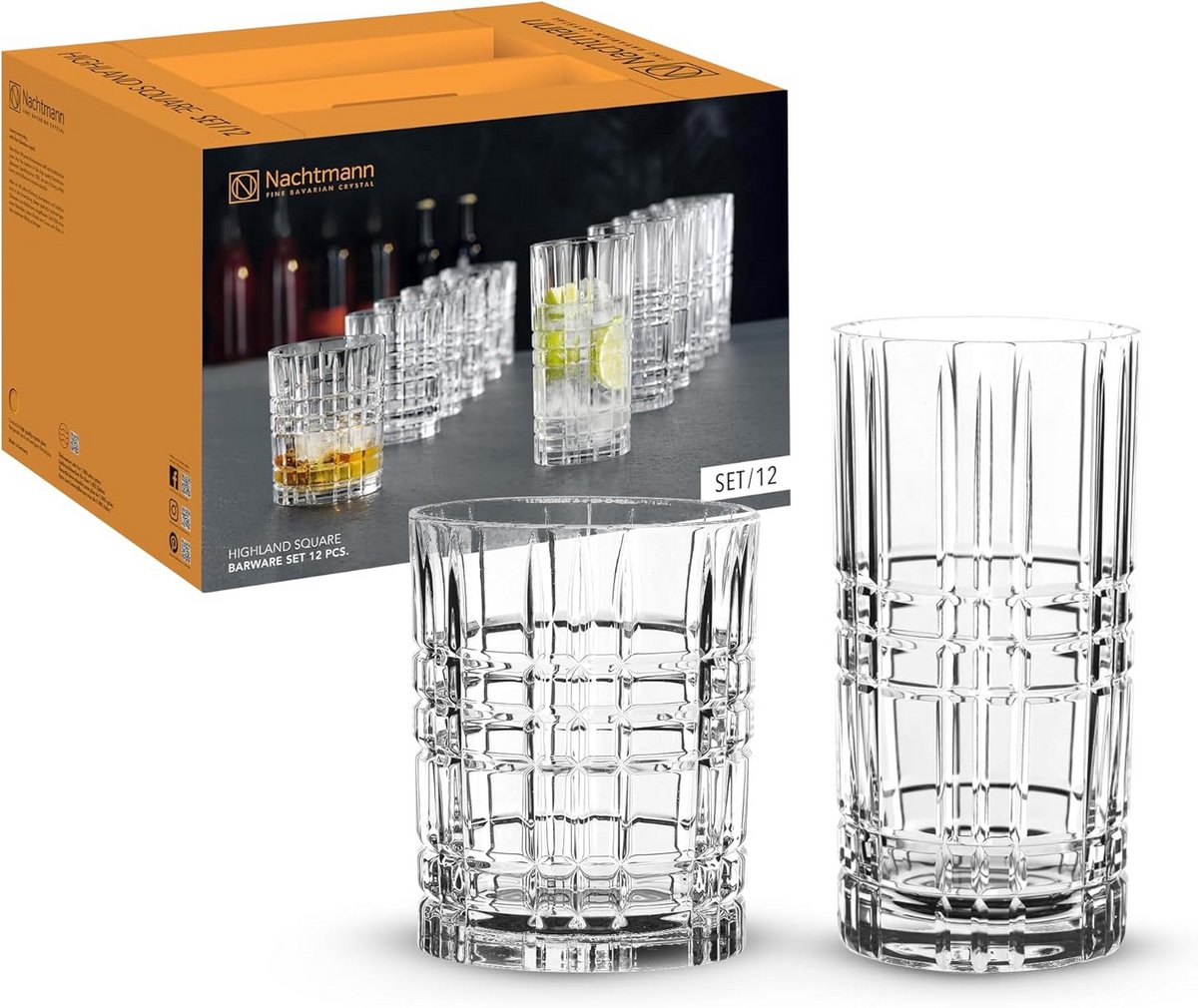 Vierkante glazenset for longdrinks en cocktails