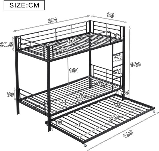Zravenna Metal loft bed for 3 children, 90 x 200 cm and 90 x 190 cm, three bunk beds with pull-out bed, fall protection, children's bed with ladder, iron bed, white, black — afbeelding 4