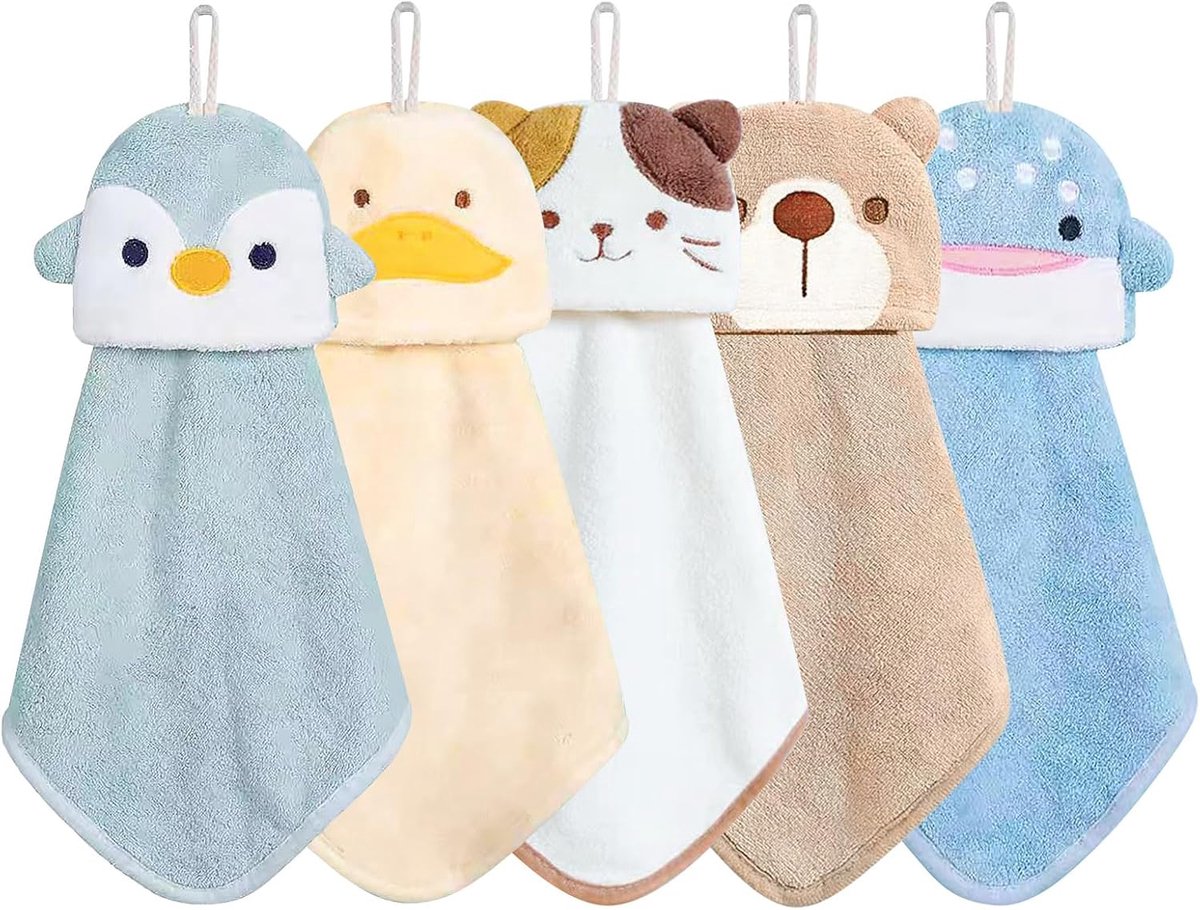 Set van 5 Kinderhanddoeken met Schattige Dierenmotieven - Zachte Koraalfleece Handdoeken voor Kinderen