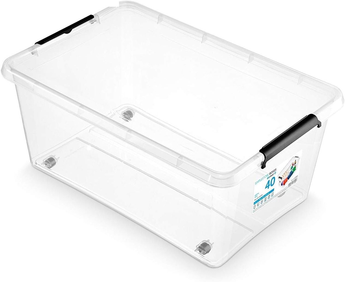 6 stuks rollerbox met deksel, clips en wielen - 40 liter - 58 x 39 x 25 cm - transparant
