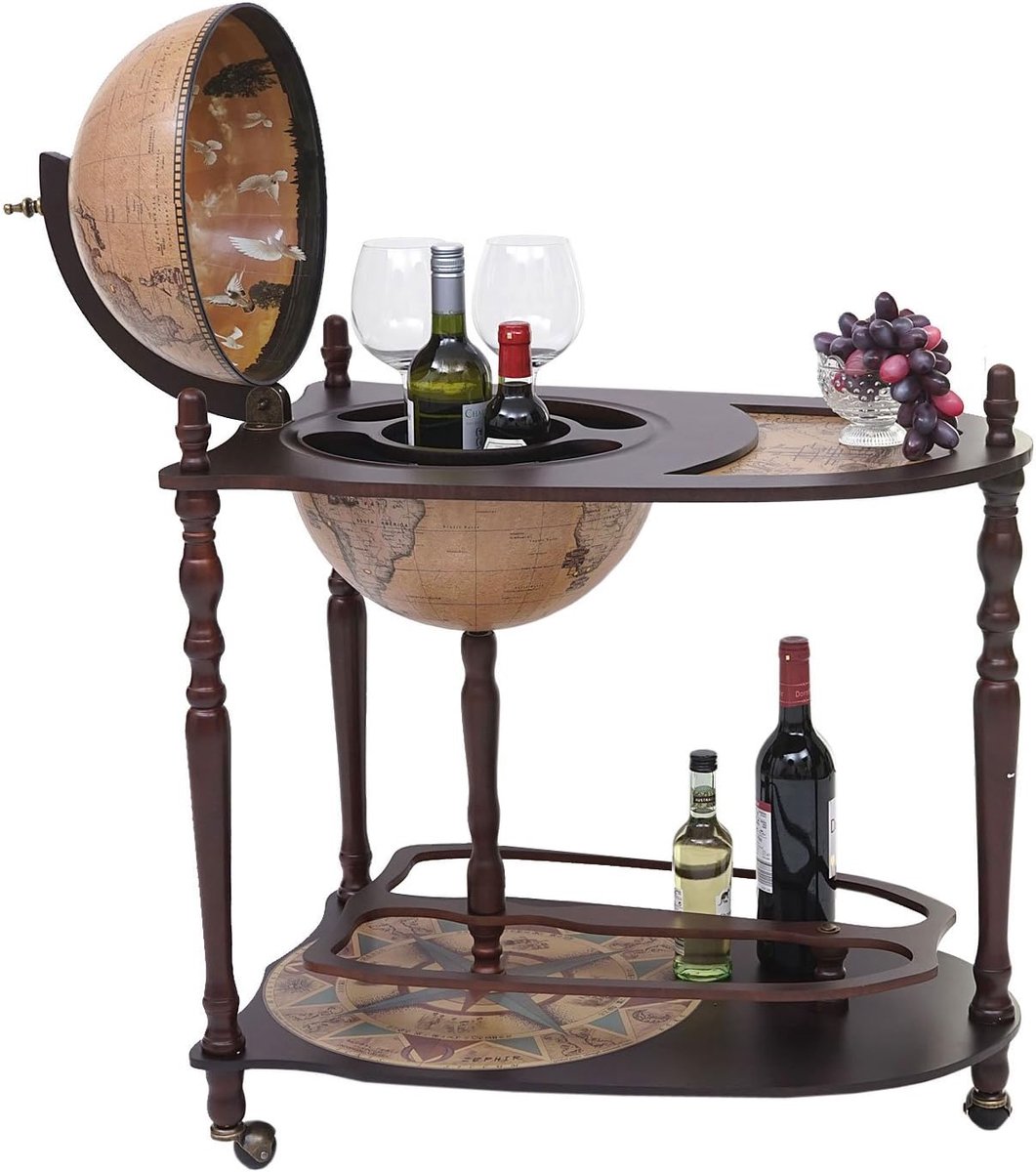 Globe Mini Bar met Tafel - Antieke Wereldkaart en Eucalyptus Hout