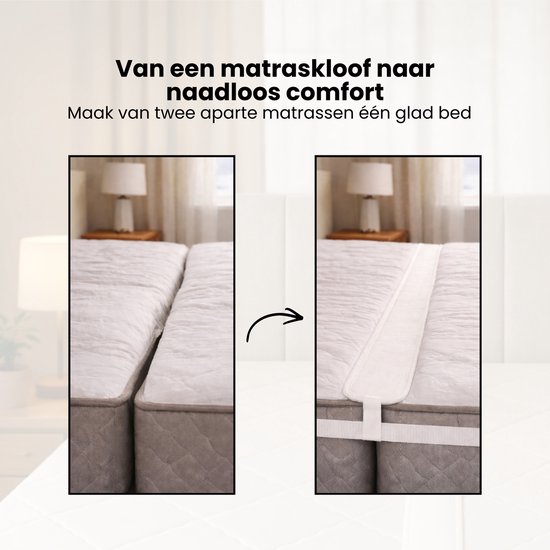Twee aparte matrassen naast elkaar, met een witte matraswig ertussen om een naadloos comfort te creëren.
