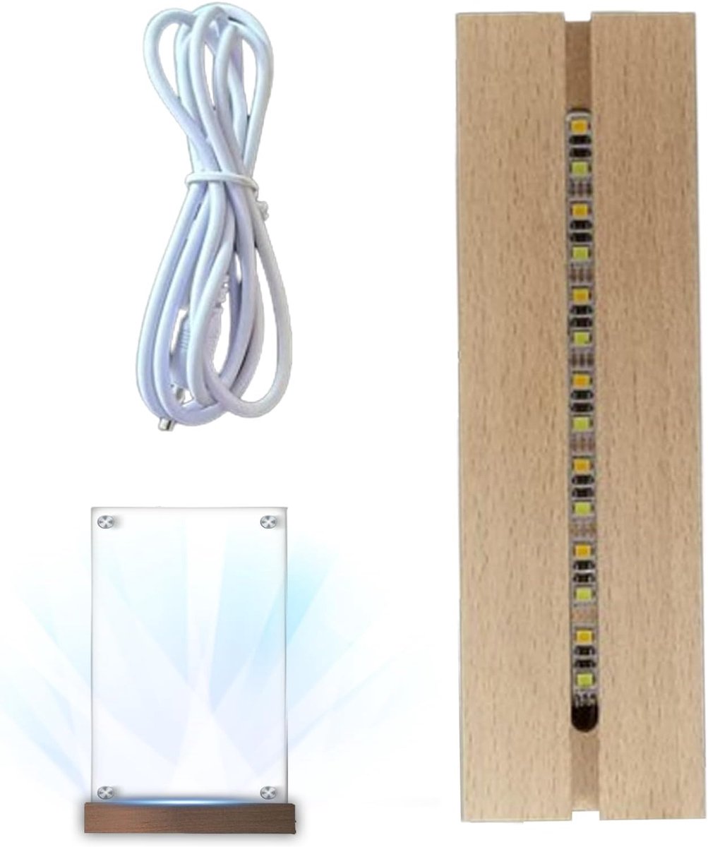 Verlicht Displayvoetstuk - Houten Basis - Acryl Kunst Tonen - Zeven Kleuren - 24cm Lengte