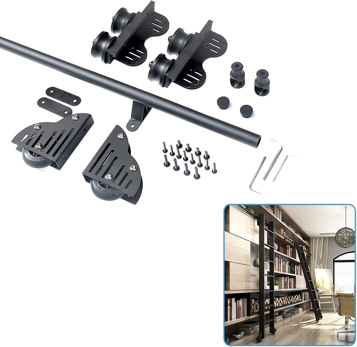 Ladder Rolkit - Schuifbeslag Set - Bibliotheek Toegang - Verstelbare Lengte - 33-20ft - Zwart
