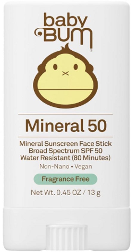 Baby Bum Bâtonnet Solaire Minéral Visage FPS 50. Résistant à l'eau (80 minutes). Non-nano, végétalien, sans parfum.