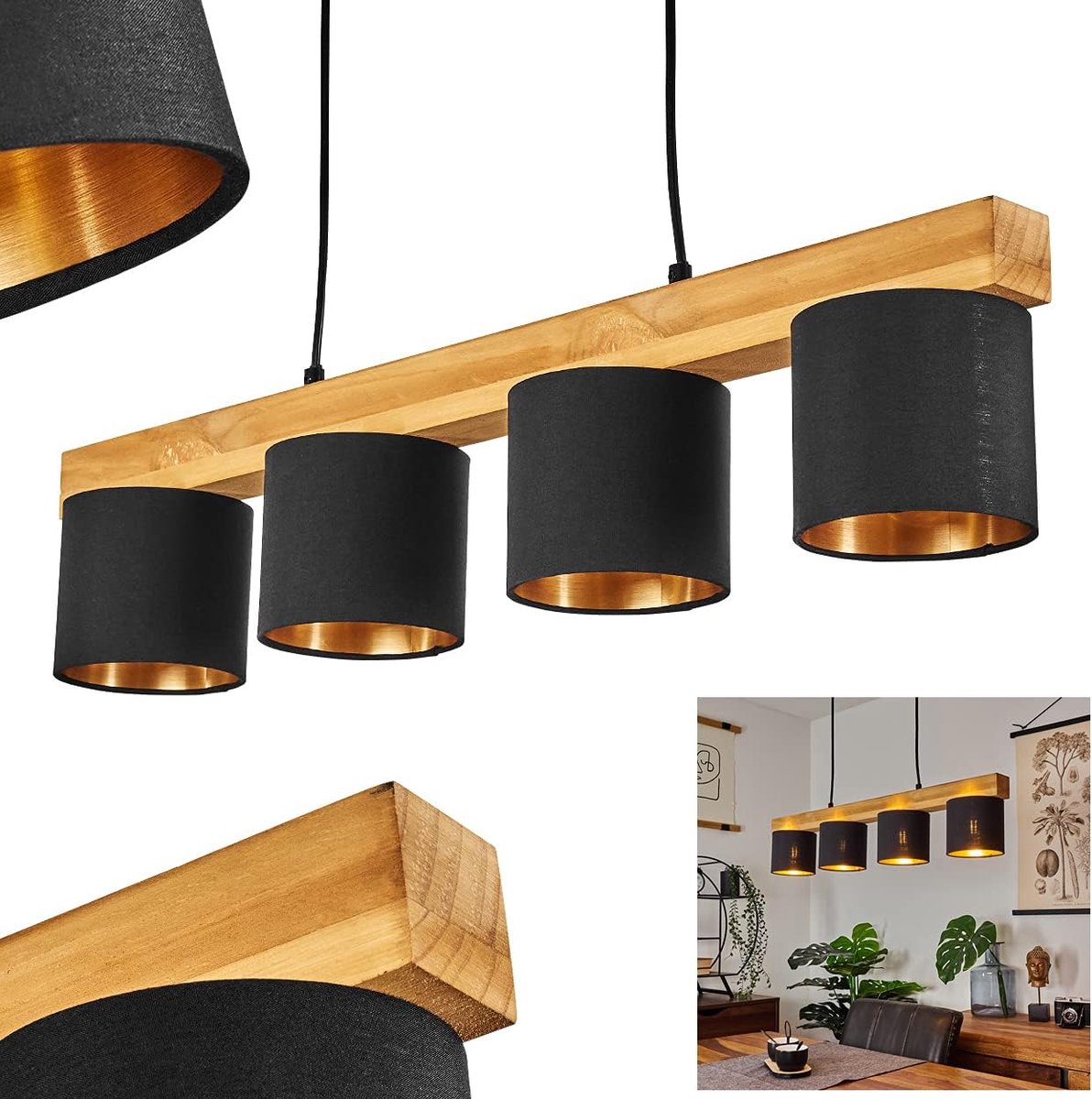 Hanglamp Metaal Hout - Plafondlamp Verlichting - Woonkamer Keuken - 4 Stoffen Kappen - Max