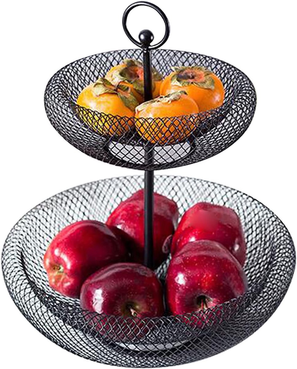 Moderne 2-laags etagère van metaal - Fruitmand en Serveerschaal - Zwart