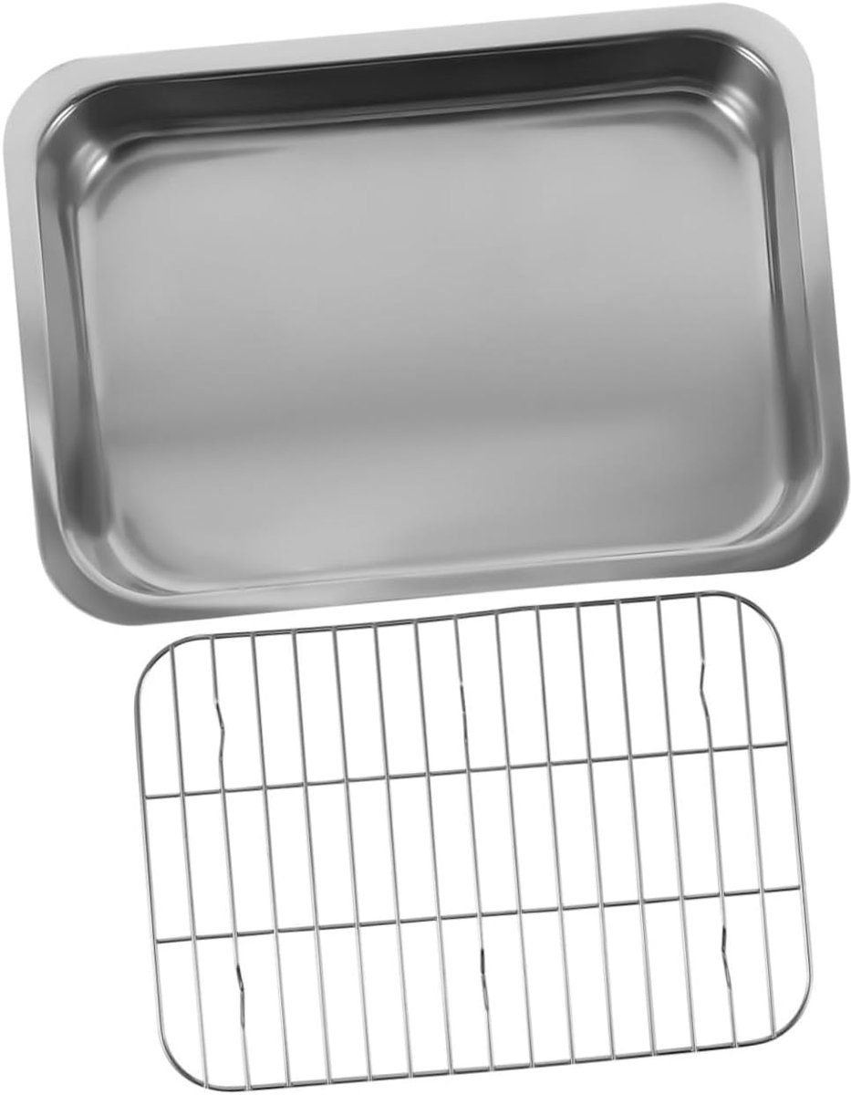 Rvs Bakplaat Set - Ovenschaal Braadslee - Bakken Grillen - Met Uitneembaar Rooster - 39x28x6 cm - Zilver
