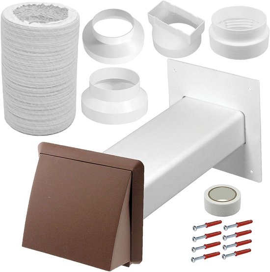Airco Afvoer Kit Universeel 4-6 Inch Ventilatie Muurdoorvoer Compleet met Verloopstukken en Terugslagklep Bruin