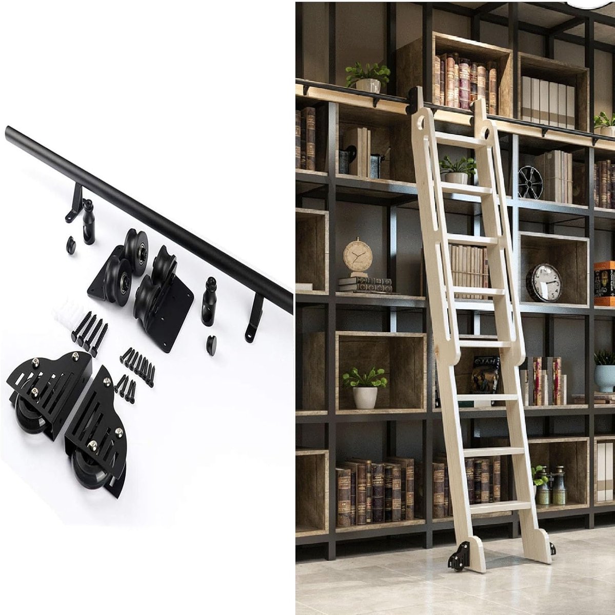 Schuifladder Railset - Rolbeslag Bodemwielen - Schuren Bibliotheek - Met Rem - 500 cm Rail - Zwart