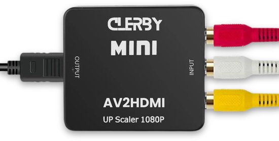 Adaptateur noir 'Clerby MINI AV2HDMI UP Scaler 1080P' avec entrées tulipe rouge, blanche et jaune et une sortie noire de l'autre côté.