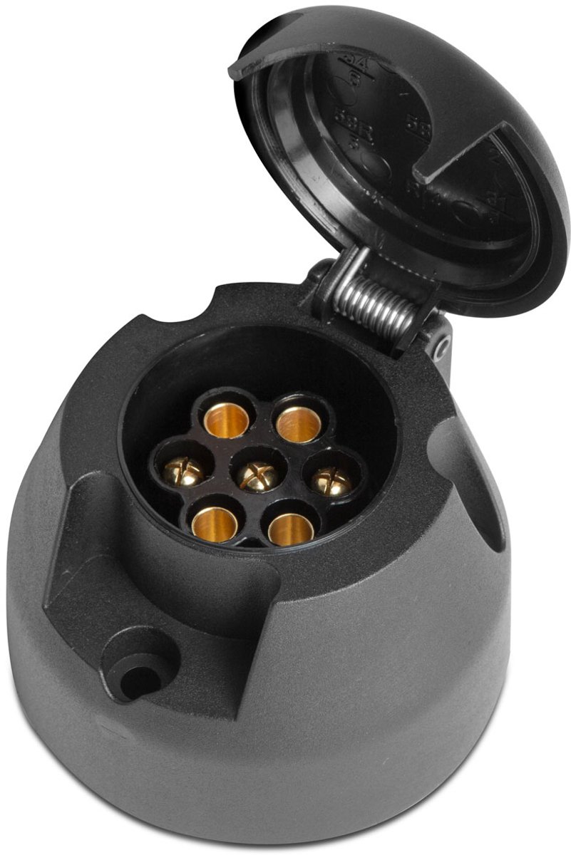 Aanhanger Stekkerdoos contactdoos - 7-polig - 12V - ISO 1724 - Met veerafsluitklep - Schroefaansluiting - Voor auto, caravan & trailer - Stevig ontwerp - Zwart kunststof [54940]