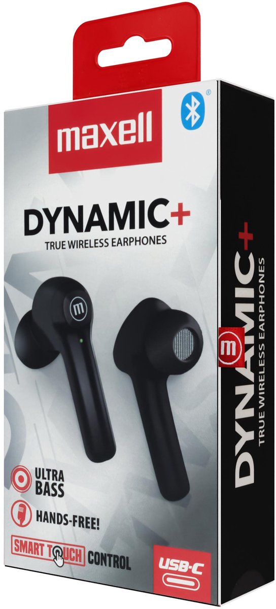 Maxell BT Dynamic+ TWS oordopjes - Bluetooth 5.0 - Type-C snelladen - Ultra Bass - 3-4 uur speeltijd - LED-indicator - Met oplaadcase [52043BK]