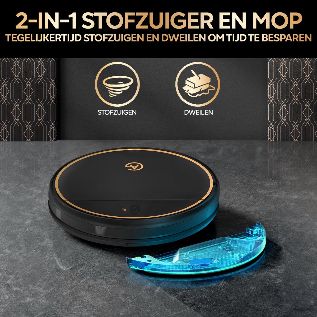 AG Robotstofzuiger met Dweilfunctie - 120minuten - Met Oplaadstation - Robotstofzuigers - Gold Ring - Huisdieren - met Dweil - Luxe 2-in-1 Robotstofzuiger - Dweilrobot - Automatisch opladen - met App of afstandsbediening - 2500Mah - Black Gold Editie — afbeelding 5