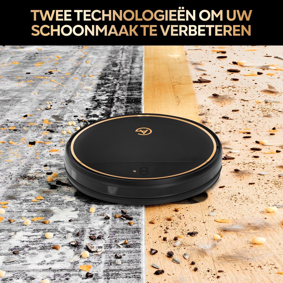AG Robotstofzuiger met Dweilfunctie - 120minuten - Met Oplaadstation - Robotstofzuigers - Gold Ring - Huisdieren - met Dweil - Luxe 2-in-1 Robotstofzuiger - Dweilrobot - Automatisch opladen - met App of afstandsbediening - 2500Mah - Black Gold Editie — afbeelding 6