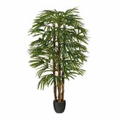 Hoge kunstpalm met veel groene, waaiervormige bladeren in een zwarte pot.