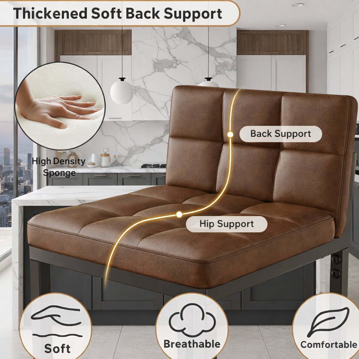Barkruk met rugleuning set van 4 – Luxe barstoelen met stevig metalen frame en zachte kunstleren zitting – Lichtbruine keuken- en huisbarstoelen, ergonomisch en modern – House&Garden