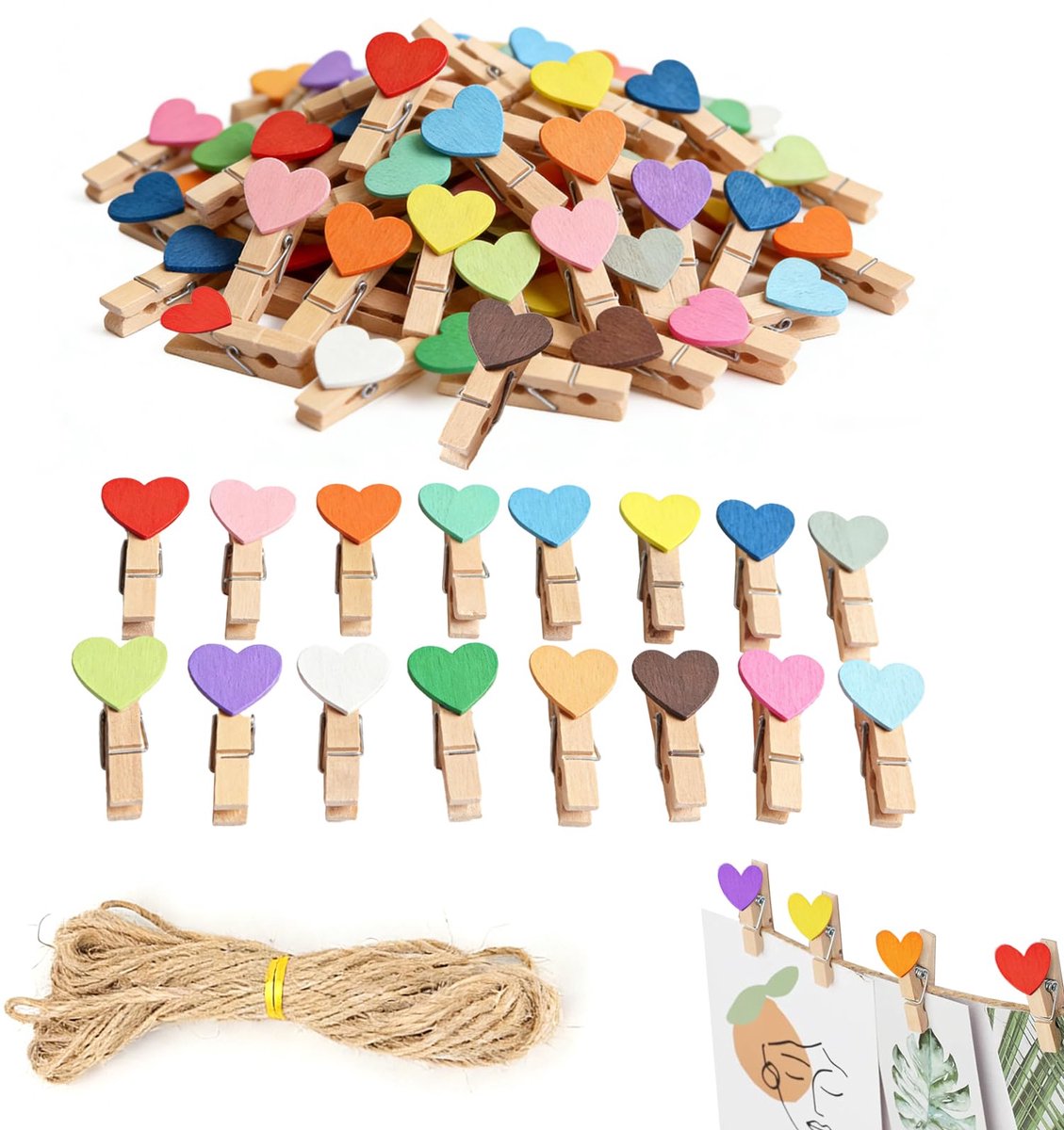 Houten Hartklemmen - 70 Stuks Mini-Wasknijpers - Inclusief 20 Meter Touw