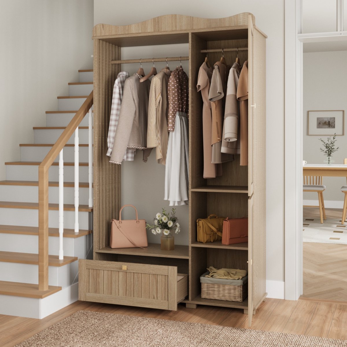 HAUSS SPOLE Garderobekast Met Spiegel En Open Kledingroede - Draaideuren En Lade Voor Slaapkamer En Hal - MDF Eikenkleur - 115,5x38,5x194,5 Cm