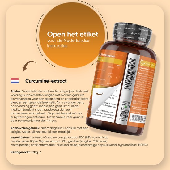 Fles kurkuma-extract capsules met labelinformatie, ingrediënten en gebruiksaanwijzing in het Nederlands.