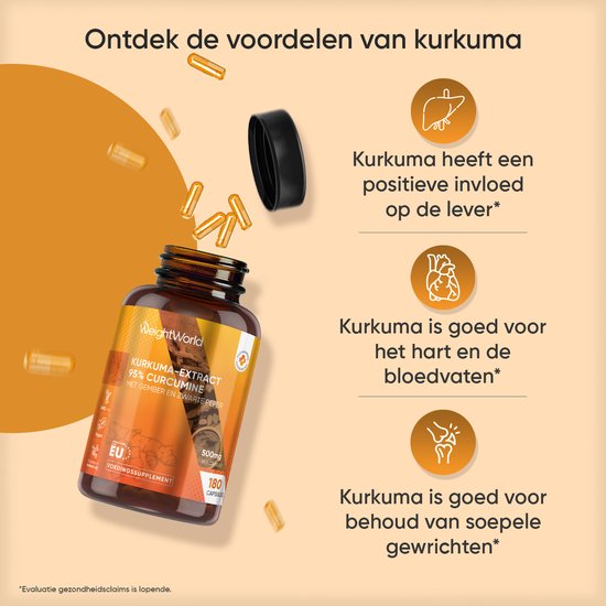 Fles kurkuma-extract capsules met kurkuma-illustraties en tekst.