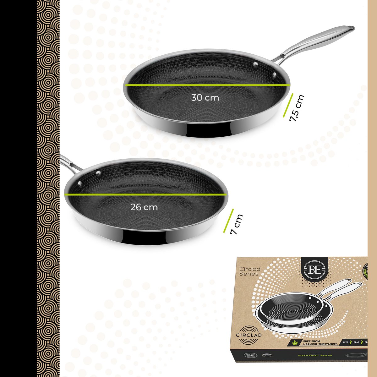 BE Living Hybride Koekenpannenset - Ø 26+30 cm - Anti-aanbak - Geschikt voor alle Warmtebronnen - RVS - Antiaanbaklaag - Cool Touch Handvaten - Ovenbestendig - Circlad Series