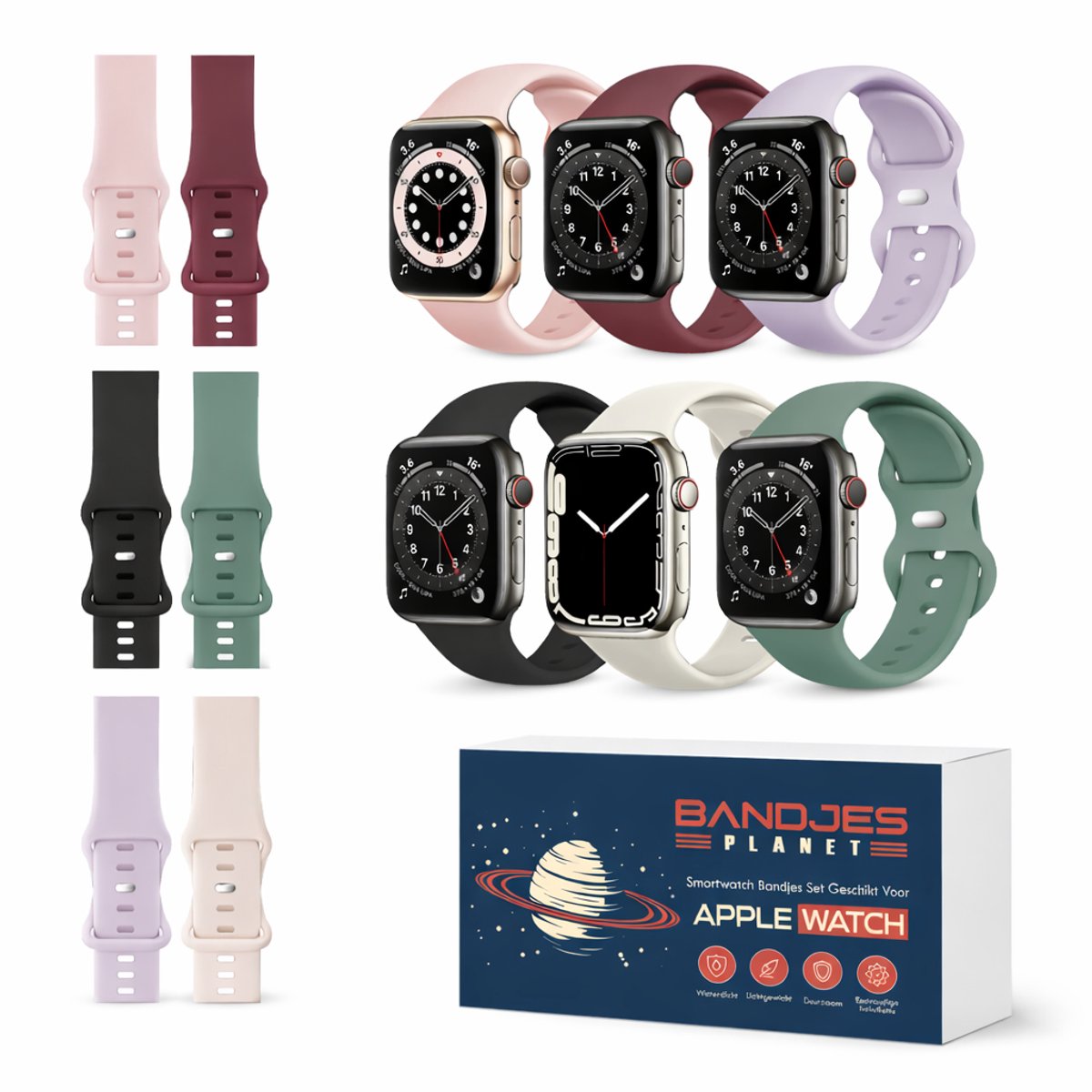Set van 6 Siliconen Bandjes - Geschikt voor Apple Watch Bandje 1-9 & SE - Voor Maten iWatch 42mm, 44mm, 45mm, 49mm, Series 10 46mm - Roze, Lavendel, Zacht Wit, Zwart, Groen, Bordeaux