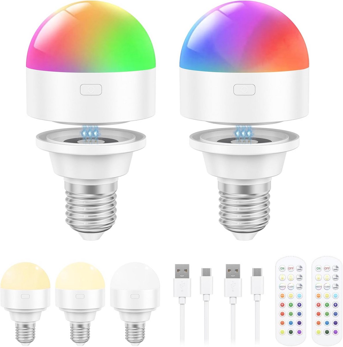 Oplaadbare LED Gloeilampen E27 met Afstandsbediening en Timer - RGB Kleuren Dimbaar
