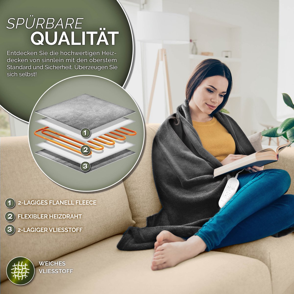 Sinnlein® Elektrische Deken 120W Antraciet Fleece - afbeelding 2