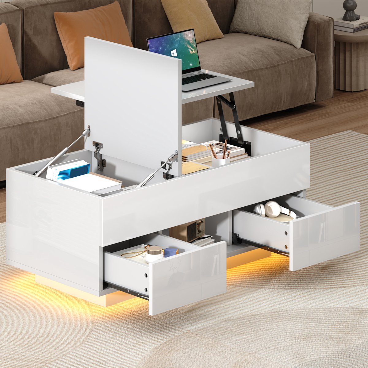 PHOEBE CAT Salontafel - In hoogte verstelbaar tafelblad - 2 lades - Hoogglans - LED-verlichting - Wit