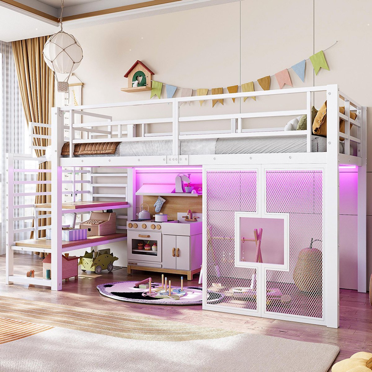 BLACKCOLORS Metalen hoogslaper 90 x 200 cm met trap, opbergruimte, ledverlichting en ramen, wit