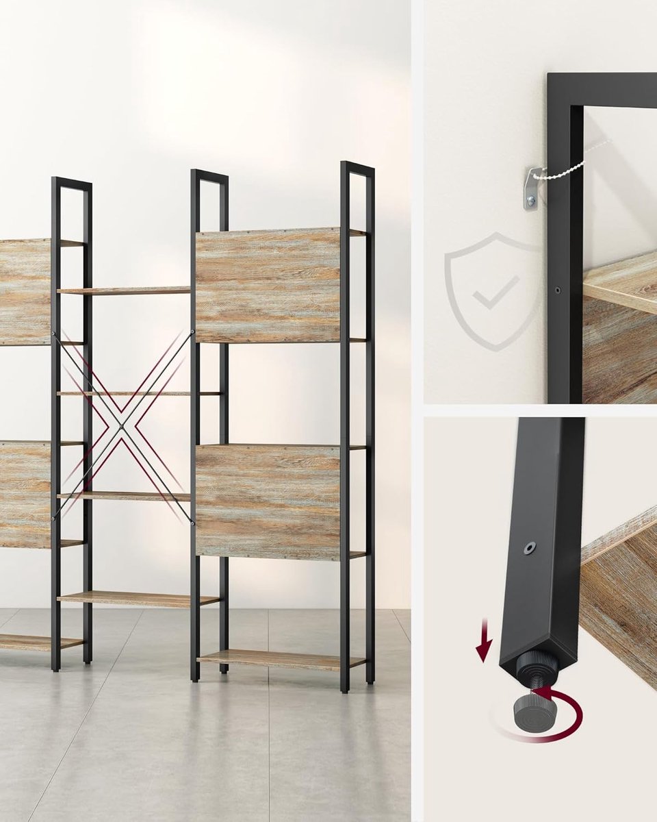 Boekenkast Casa Velluto 14 Planken – Industrieel Staande Ladderboekenkast voor Woonkamer, Kantoor en Studeerkamer – Eikenkleur met Blauwe Nerf & Zwart Metaal – 24 x 158 x 166 cm – Stabiel, Anti-tip en Multifunctioneel