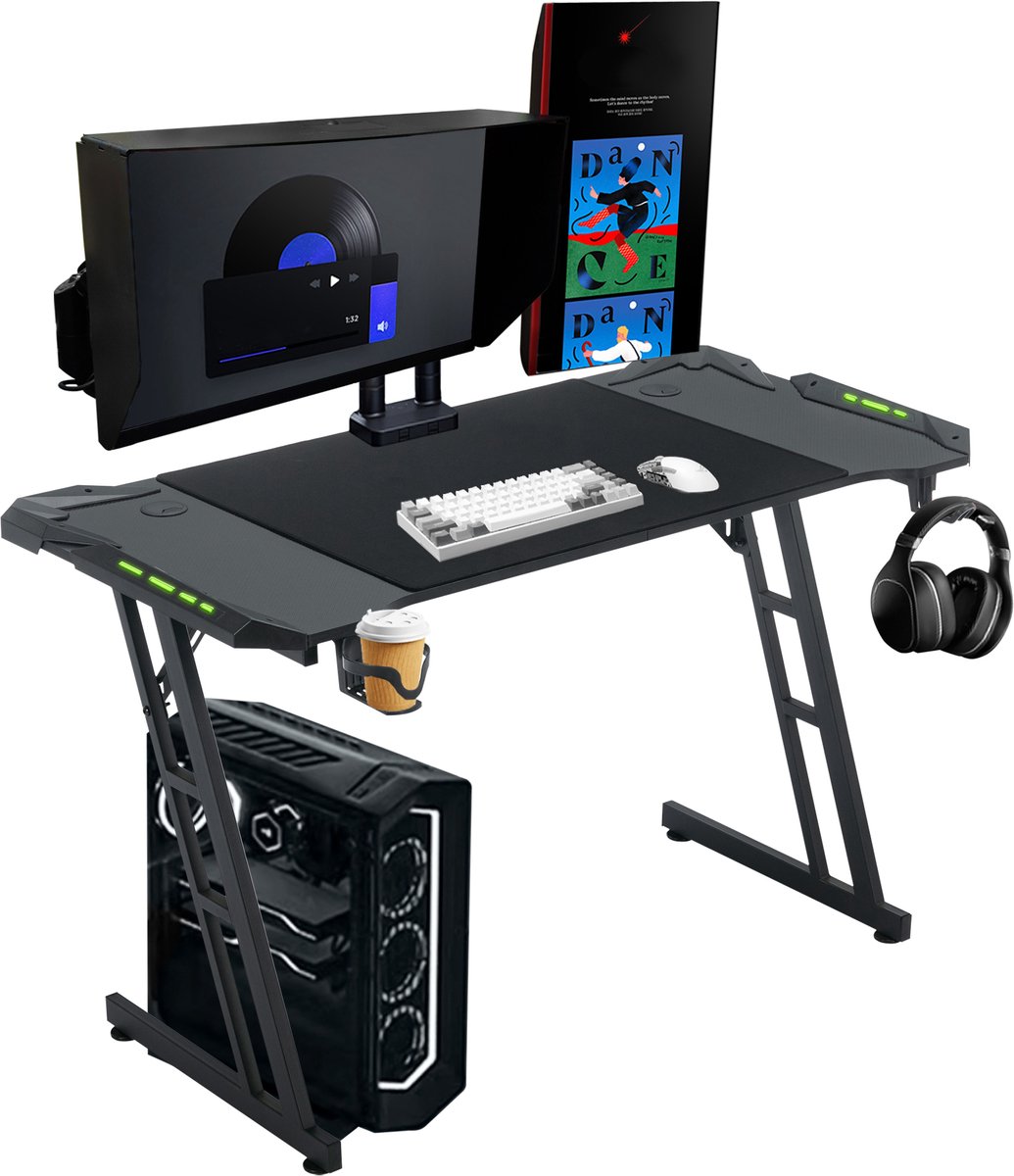 ACXIN LED Gaming Bureau - Computertafel Met Carbon Fiber - Met Bekerhouder En Hoofdtelefoonhaak - 120x60cm Zwart