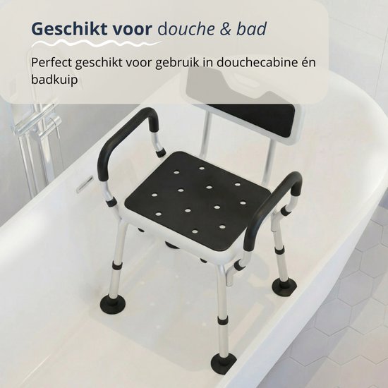 BY JRM® Douchestoel - Douchekruk - Incl. badset, douche puff en douchekophouder - Met Armleuning - Hoogte Verstelbaar - Antislip - Zwart