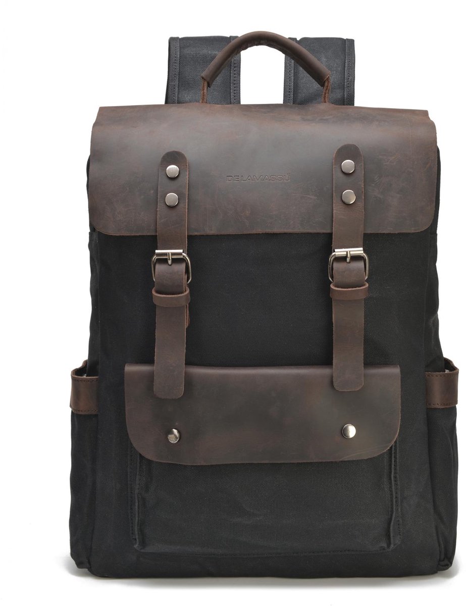 DE LAMASSU® Vintage Canvas Rugzak 15 inch Laptop – Waterafstotend – Echt Leer – 31x11x45 cm – Unisex – Werk & Reizen