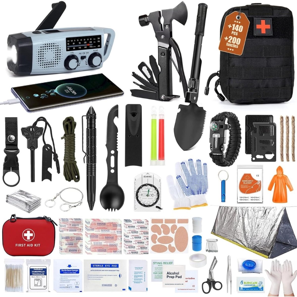 Multifunctionele Noodpakket - 140-in-1 - Overlevingsset Survivalkit en Campingaccessoires - Er is 2000mAh Noodradio Multifunctionele Kaart - Nooddeken Zaklamp voor Kamperen, Vissen, Jagen, Kamperen in de Bergen