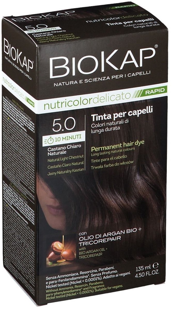 BIOKAP RAPID Permanent Hair Colour 5.0 Natural Chestnut Light Brown 10 Minutes Reaction Time Organic Argan Oil TricoREPAIR Complex Vegan Optimal Grey Coverage Up to 80% Natural Ingredients