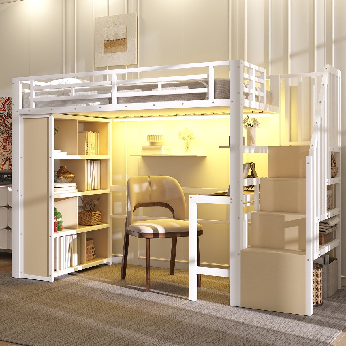 MODFU Hoogslaper 90x200 cm van metaal en MDF – met bureau en LED-licht – wit – moderne werkplek voor tiener