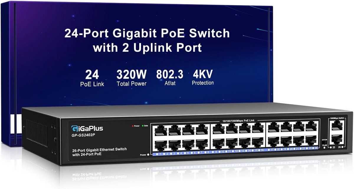 26 Poorten Gigabit PoE+ Switch met 320W Vermogen, Metalen Behuizing, Plug & Play