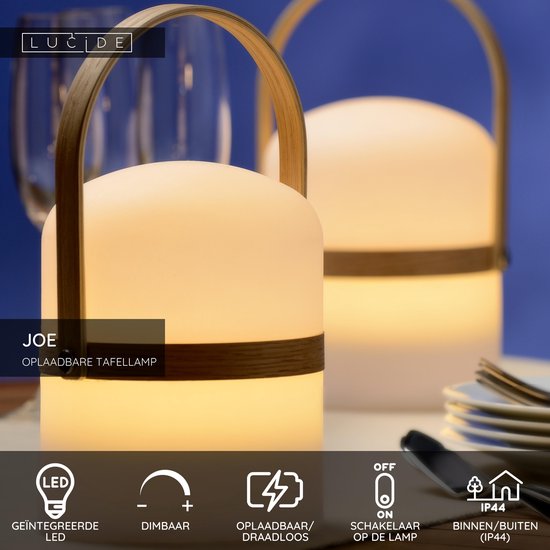Lucide JOE - Oplaadbare Tafellamp Binnen/Buiten - Accu/Batterij - Ø 14,5 cm - LED Dimbaar - 1x3W 3000K - IP44 - Wit - Japandi