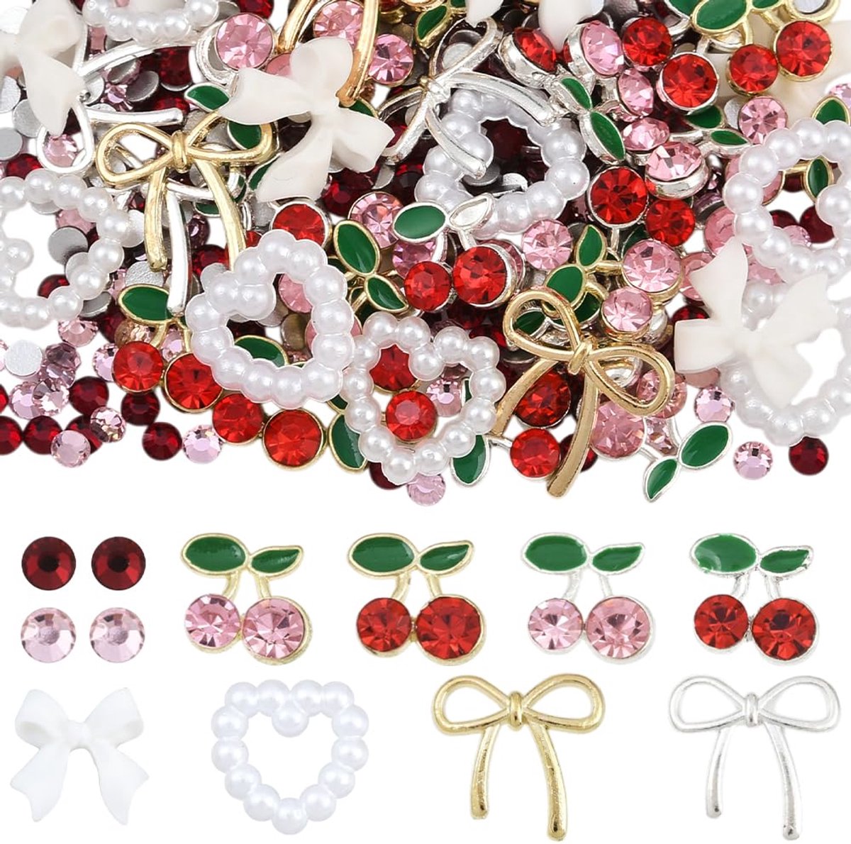 Nail Art Bedels Set - 64 Stuks Kersen, Strikken en Harten - Inclusief Strass Steentjes