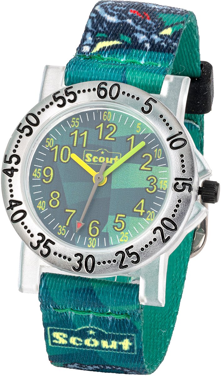 Scout Kinderuhr analog aus der Serie "IT-Collection" mit grünem Textilband Dino-Motiven und Quarzwerk