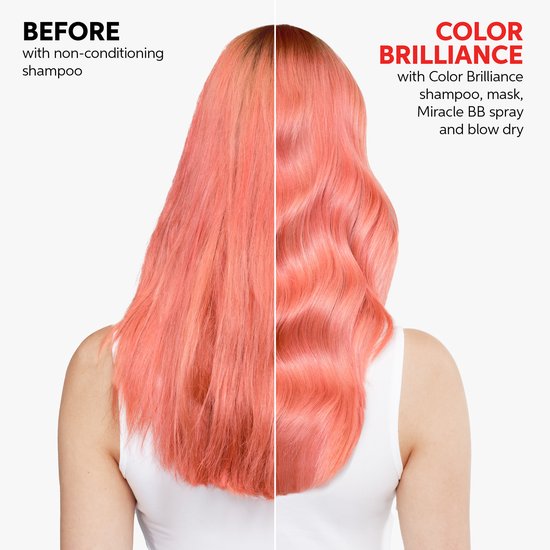 Voor- en nafoto van roze haar. Na de behandeling met Color Brilliance is het haar glanzend en golvend.
