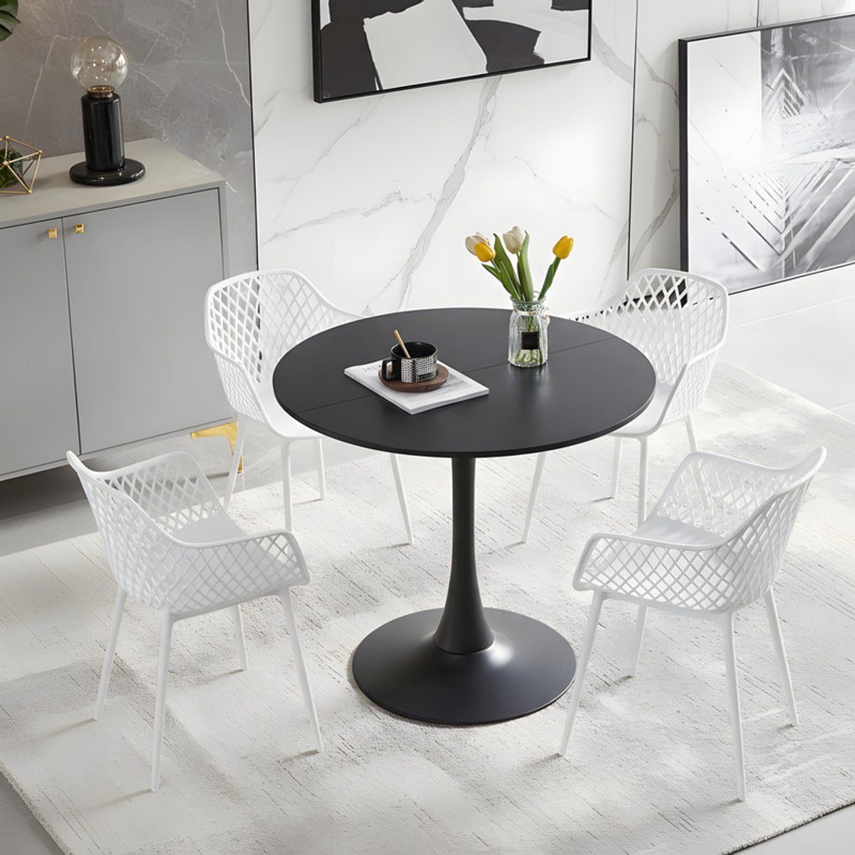 EGGREE eettafel en stoelen set - zwarte tafel Ø 80 cm met 4 zwarte stoelen - voor bar - café en eetkamer Zwart-R4WH