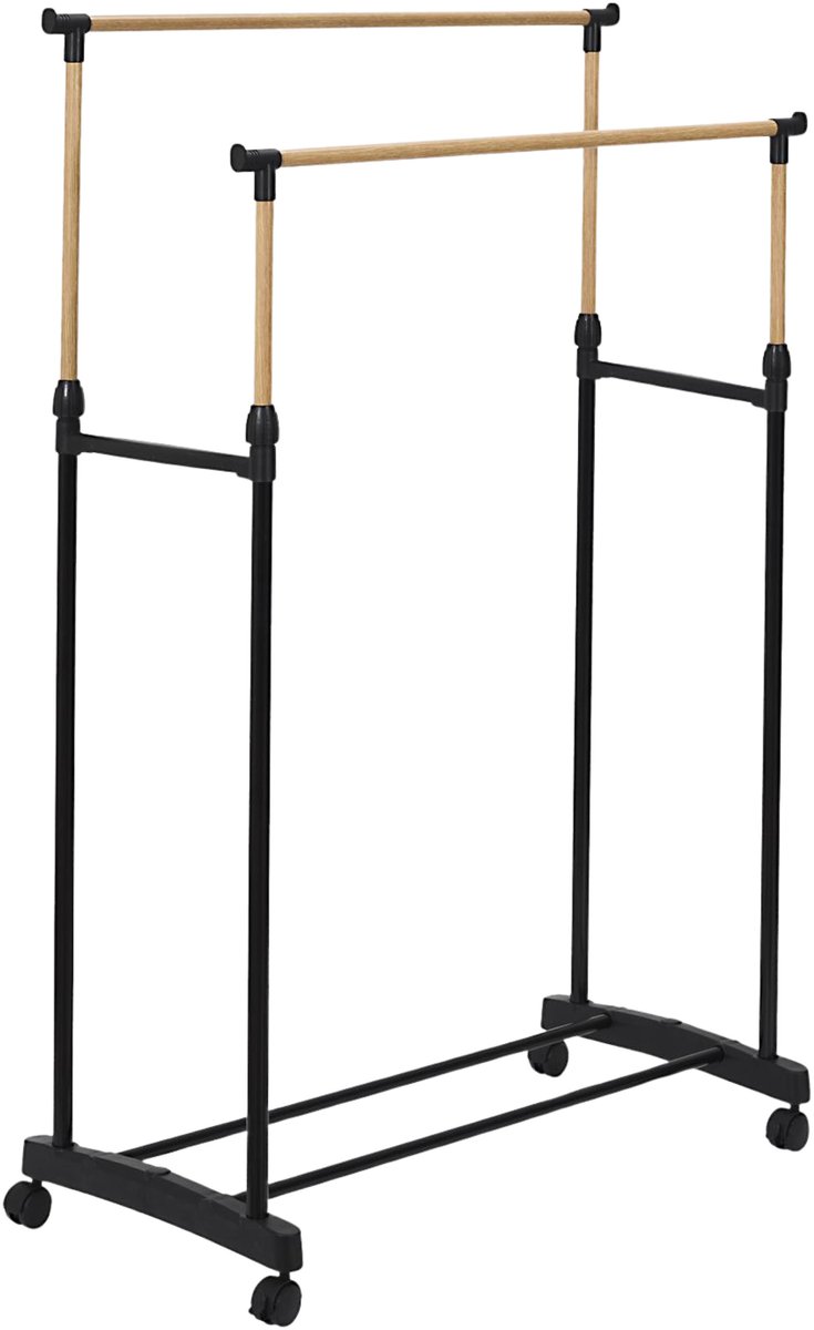 HOME DECO FACTORY Mobiel kledingrek - verstelbaar - op wielen - zwart - 160cm - dubbelrek - kledinghanger - opslag