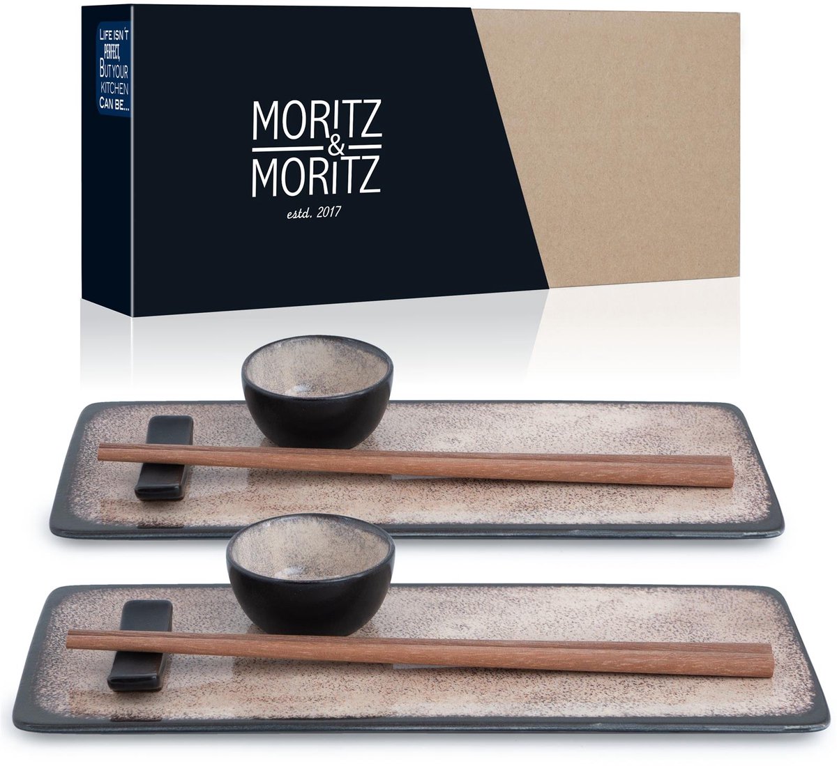 Moritz & Moritz VIDA 10-delige Sushi Serviesset voor 2 Persoons - Beige Sushi Serveerset met 2x Sushi Borden, Dip Schaaltjes en Eetstokjes