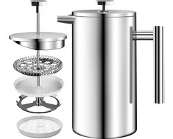 Roestvrij staal FRENCH PRESS/Franse Pers Koffiezetapparaat 34oz (1.0 Liter) met 3 Niveau Filtersysteem - Dubbelwandige Geïsoleerde Cafetière met 1 Extra Filter (Zilver)