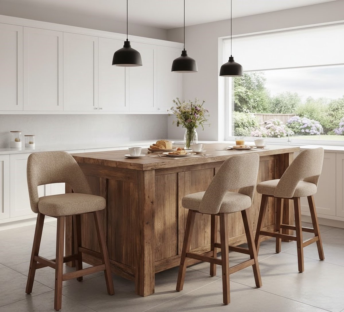 Luxe 2-delige Barkruk Set – 67 cm Zithoogte – Ergonomische Holle Rugleuning – Bouclé Stof – Massief Houten Poten – Comfortabele Keukenkrukken voor Keuken, Huisbar & Eetkamer – Kaki medahomestore