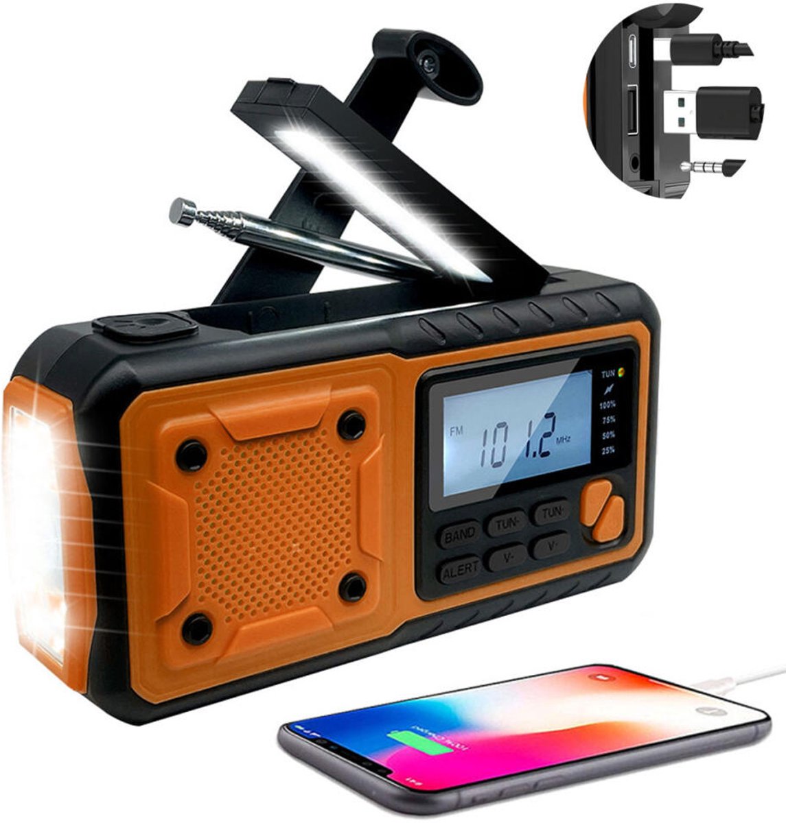 Draagbare Noodradio - 4000mAh - Emergency Radio - Noodradio Solar Opwindbaar - USB-C - Oplaadbaar & Op Batterijen - Zaklamp led oplaadbaar - noodpakket - SOS alarm - Solar Powerbank - Opwindbare Survivalradio - Bouwradio - Oranje